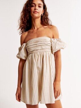Abercrombie & Fitch Emerson Puff-sleeve Babydoll Dress Cream Stripe XS NWT